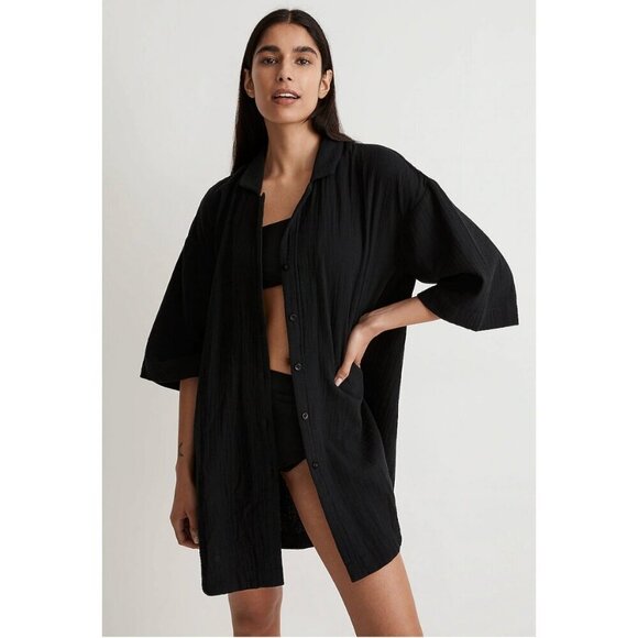 Madewell $65 Lightspun Swim Cover Up Mini Shirt Dress Size XS Black NJ876 - Picture 2 of 7